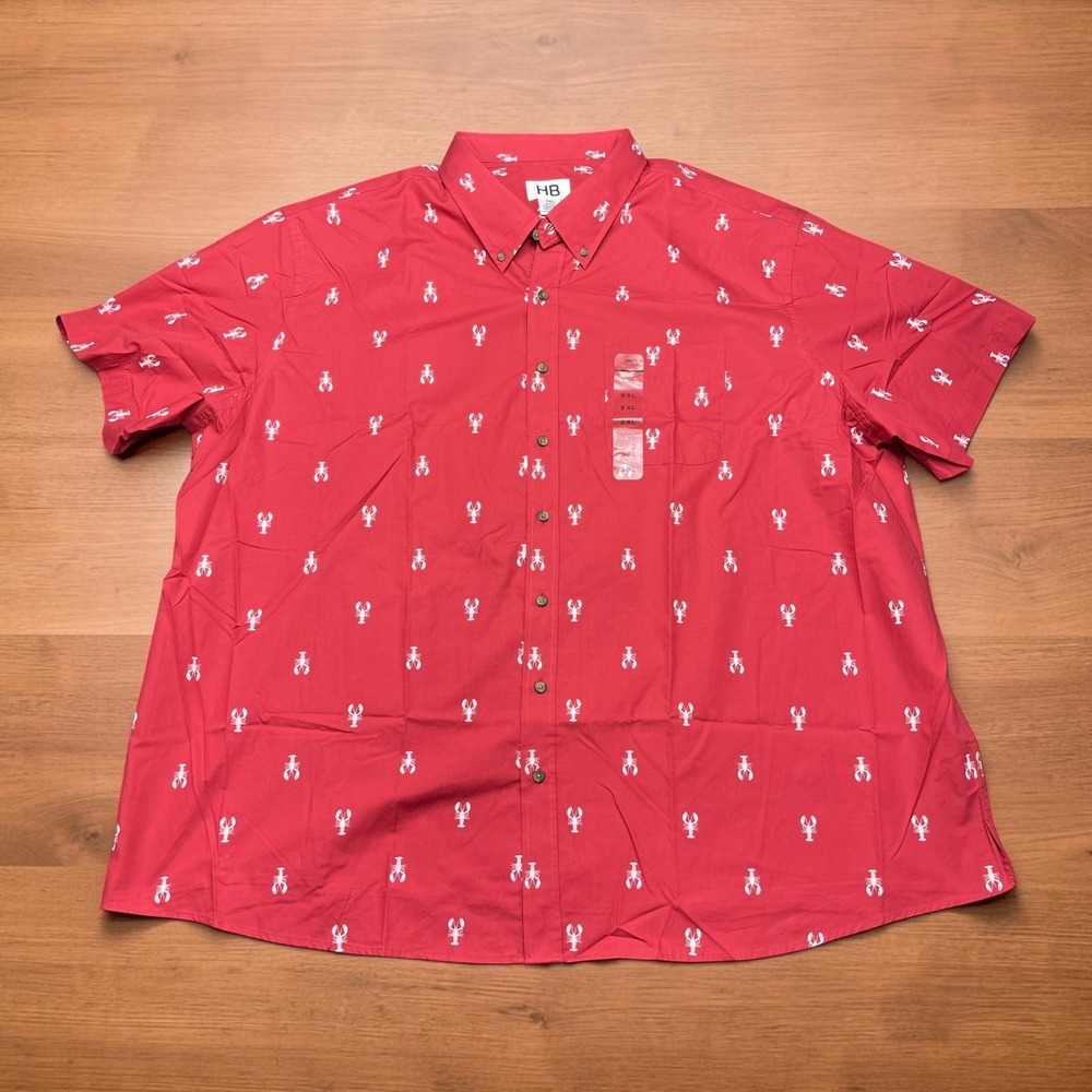 NEW HB DXL Harbor Bay Mens 3XL Red Lobster Print Short Sleeve Button Down Shirt